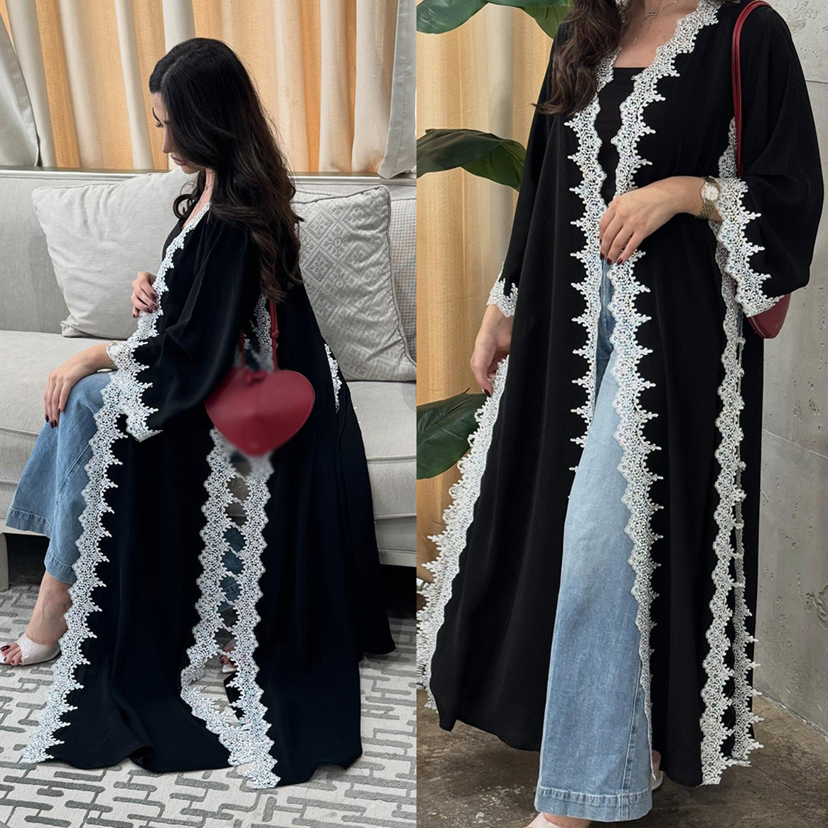 HY229 Black White Lace-Trimmed Polyester Open Abaya