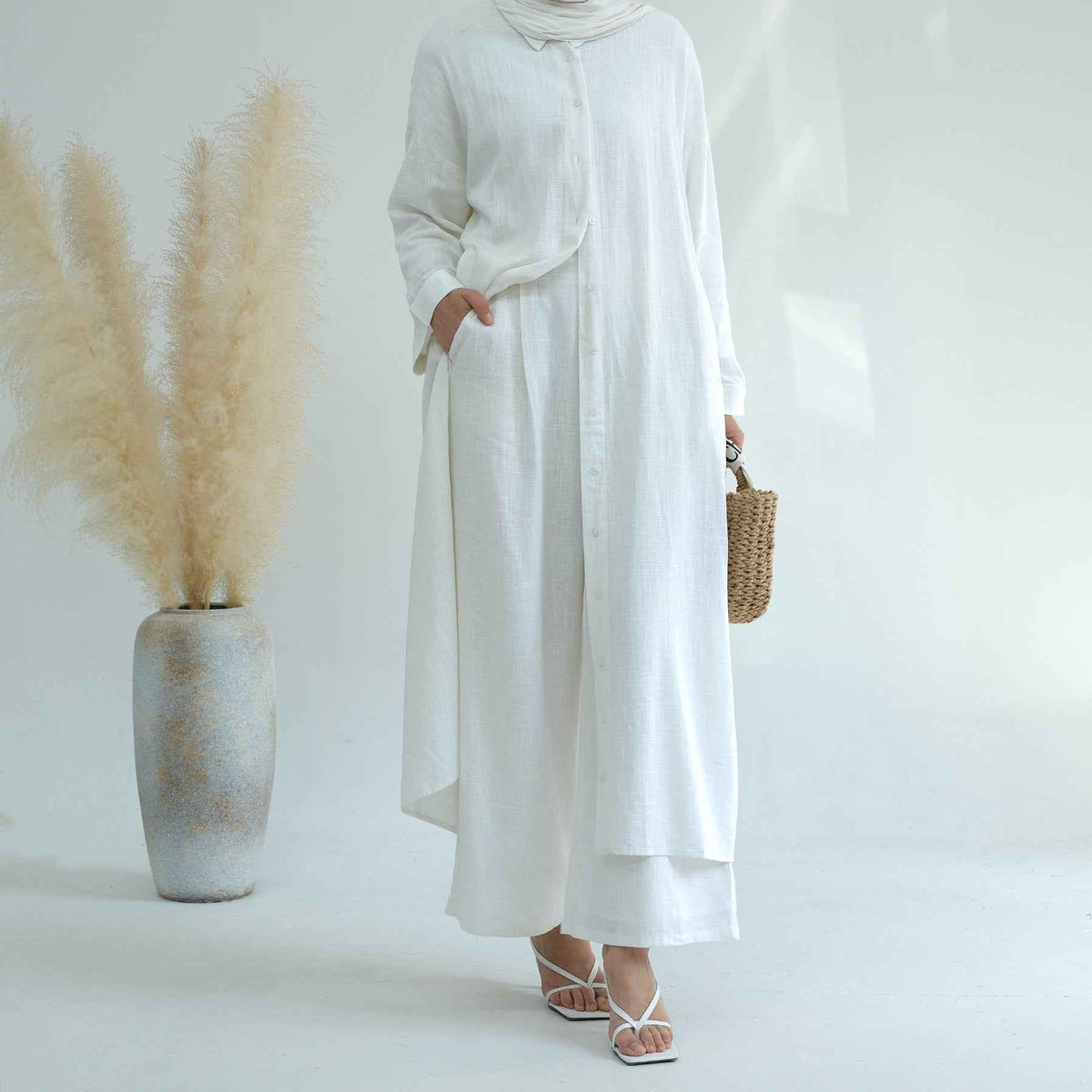 LR924  Plain Linen-Cotton Abaya Set