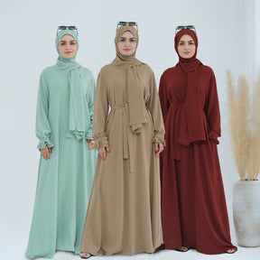 LR709  Elegant solid color dress two-piece set (abaya + hijab)