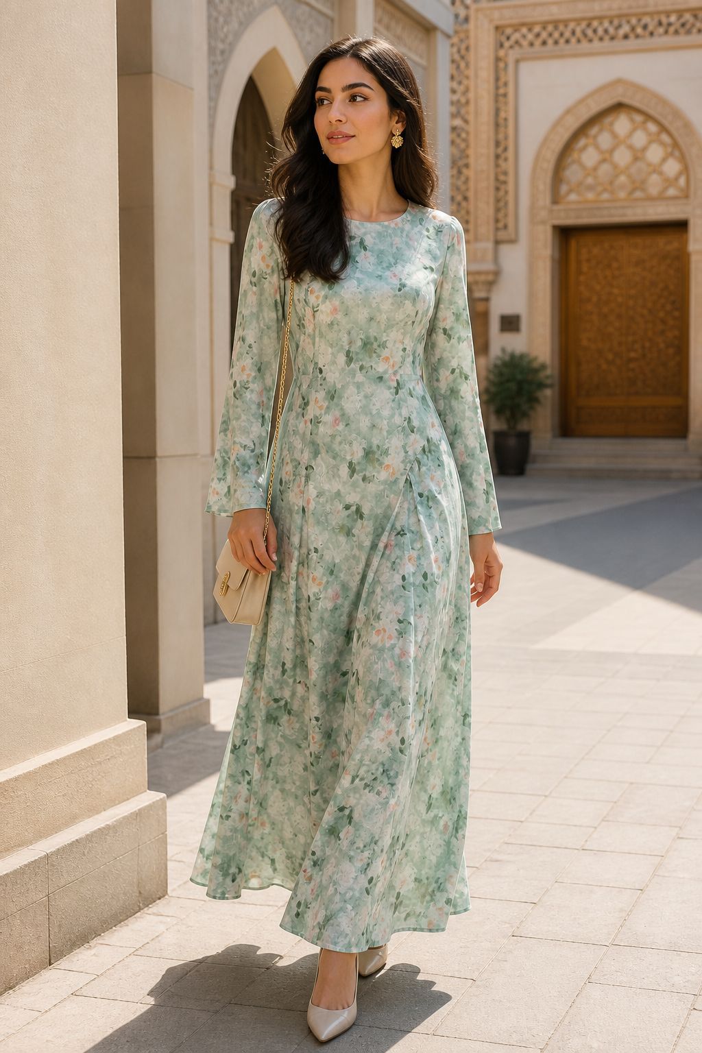 LR1373  Elegant Floral Center Print Double-Layer Polyester Tie Waist Dress