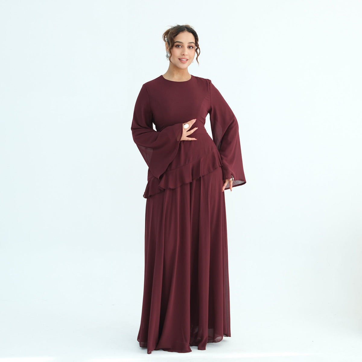 Elegant Double Layer Tie Waist Polyester Abaya