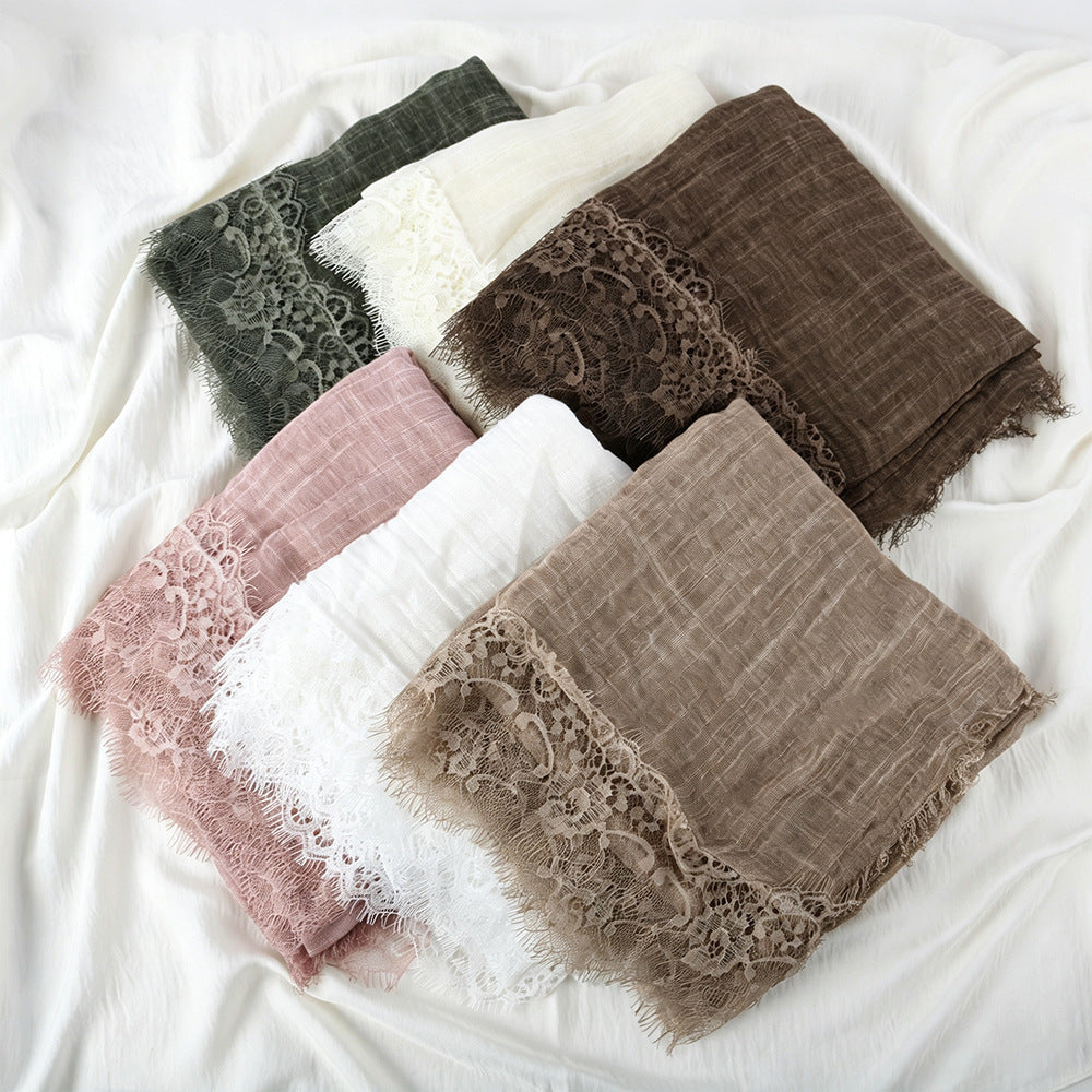 YC007  Plain Polyester Crinkle Lace Panel Fringe Hijab