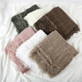 YC007  Plain Polyester Crinkle Lace Panel Fringe Hijab