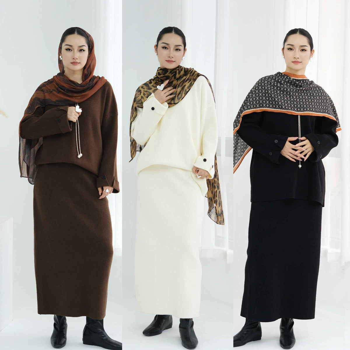 WDM005  Plain Thickened Top and Straight Long Skirt Jersey Two-Piece Set + Hijab（副本）