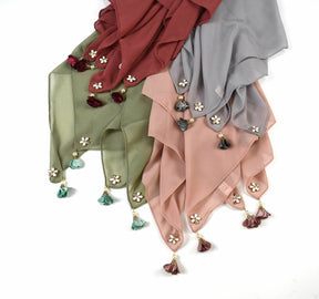 W-0066 90*90 plain pearl chiffon Flower tassel kerchief hijab scarf