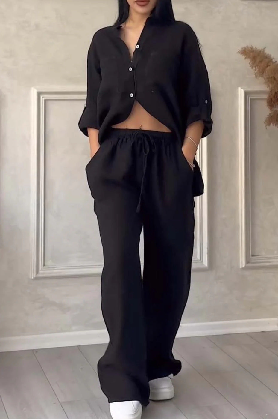6670  Women's Plain Single-Breasted Long Sleeve Shirt & Tie Waist Pants Set