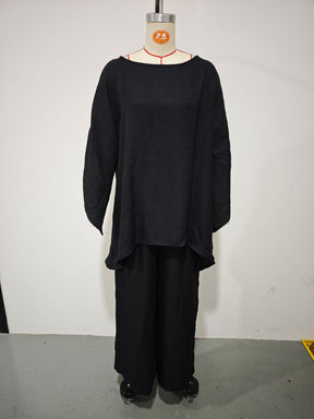 GS-30910  Women Simple Loose Linen Blend Shirt Wide Leg Pants Set
