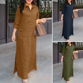 S010 Spring Autumn Plain Lapel Long Sleeve Loose Long Dress Abaya