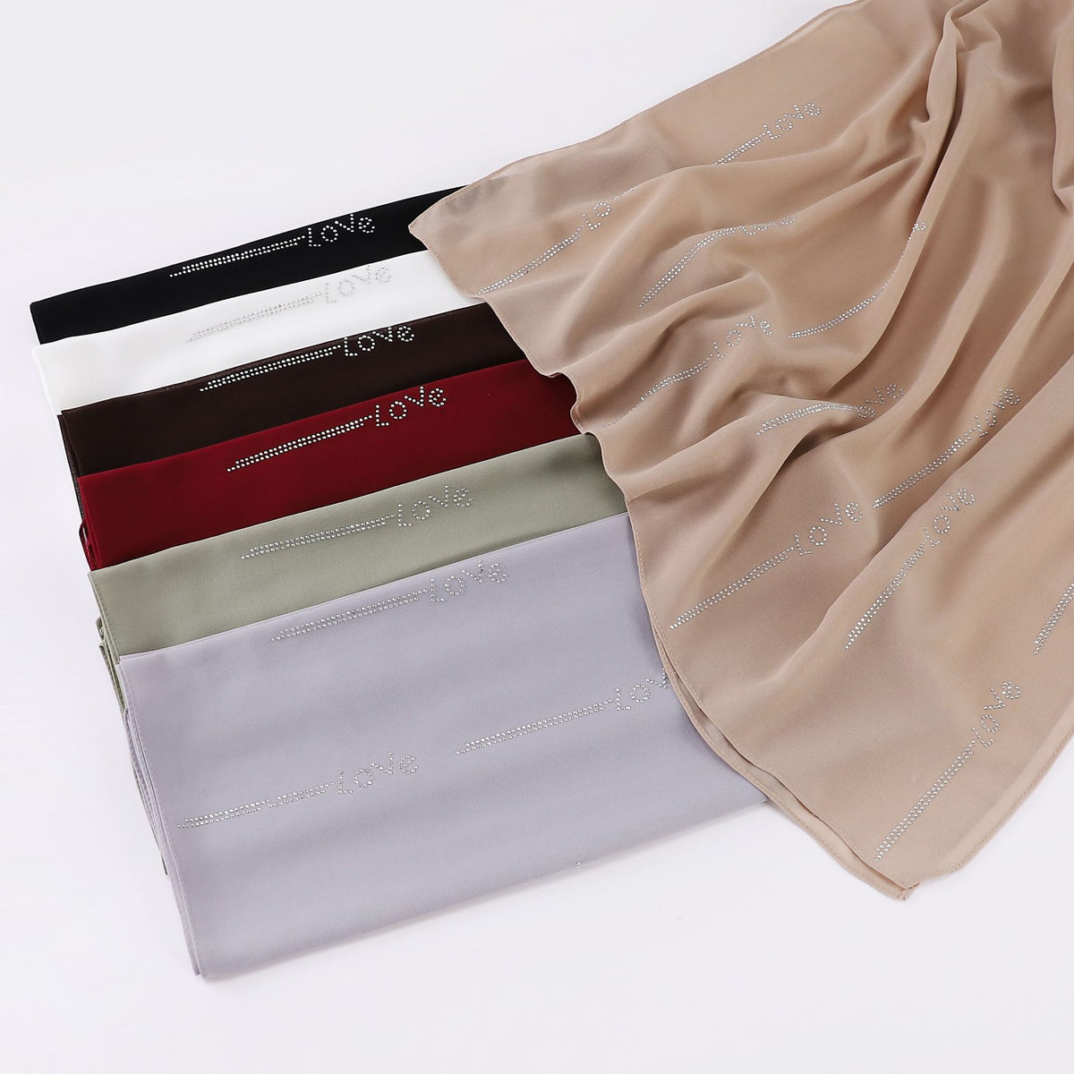 W-0006 plain pearl chiffon LOVE hot stamping dimond hijab scarf