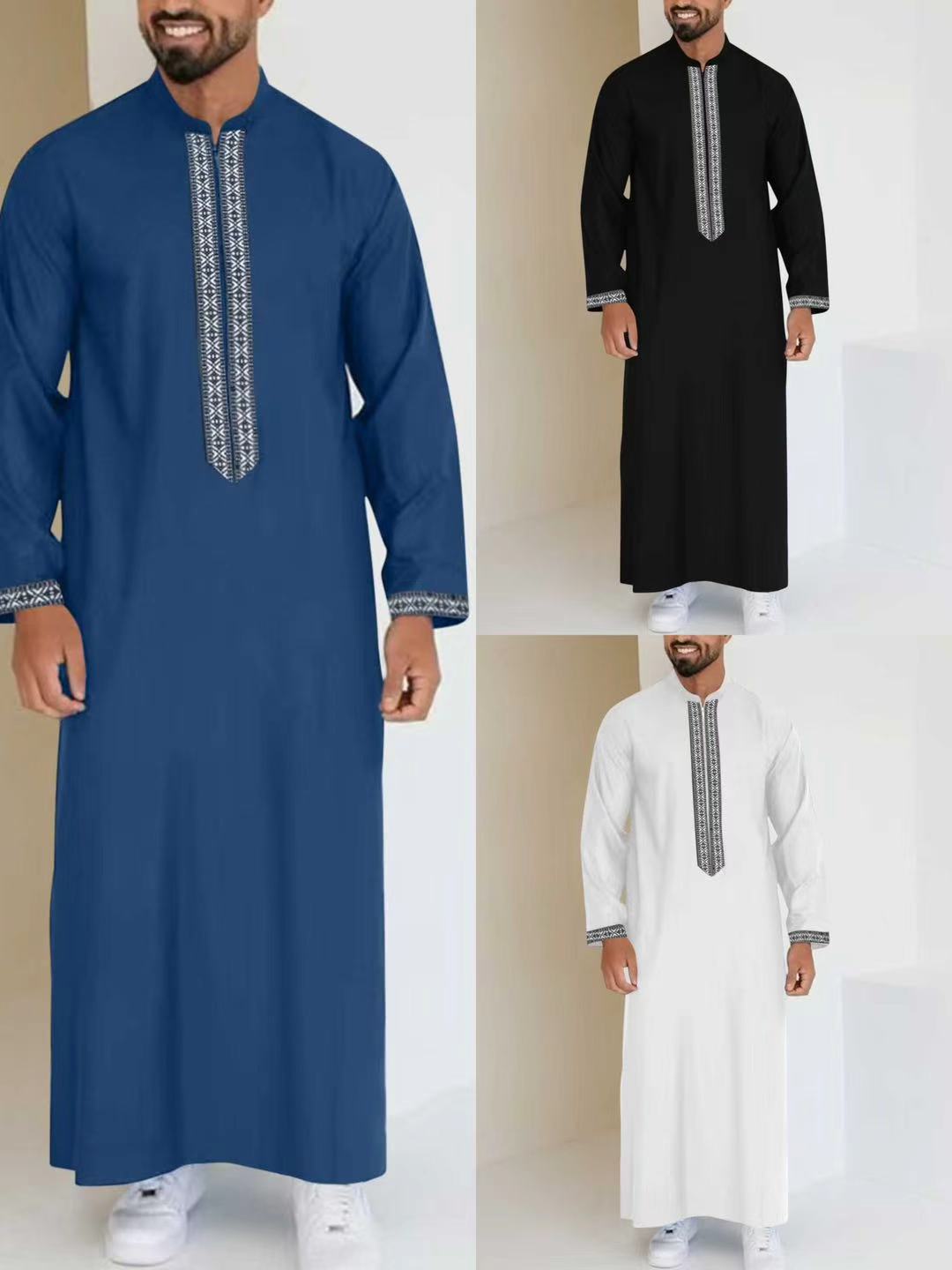 066  Simple long men's stand collar zipper abaya