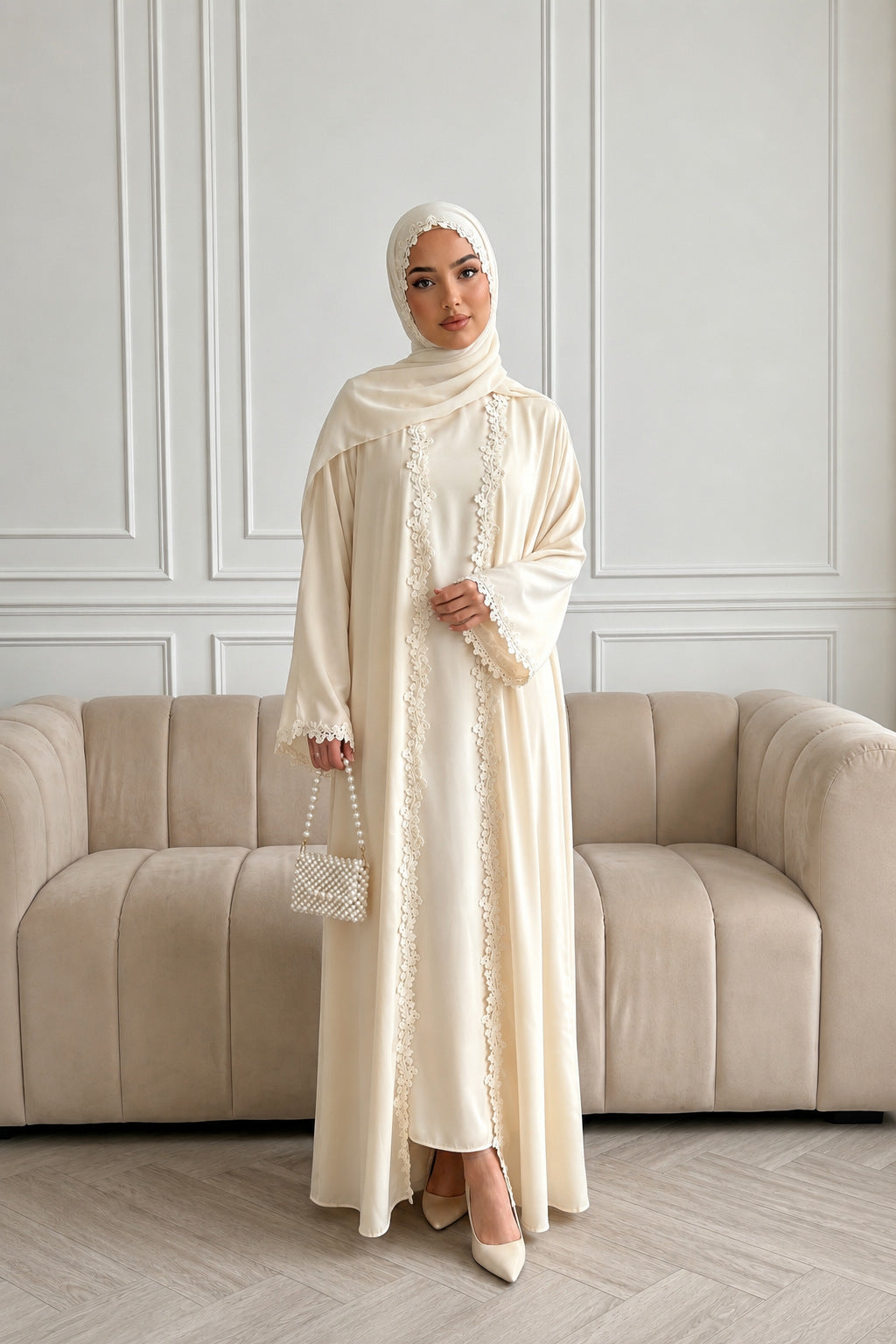 HBWT  Plain Lace Polyester Cardigan + Hijab Set