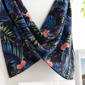 FH24-5763 Blue and black leaf print tassel scarf