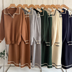 6676  Women's Autumn Contrast Color Lapel Jersey Two-Piece Set