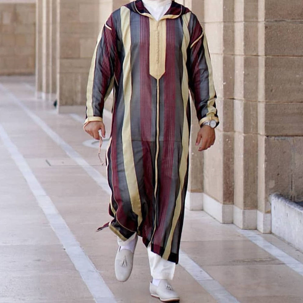 1133948 Lapel loose-fitting regular striped casual shirt  men's robes  abaya