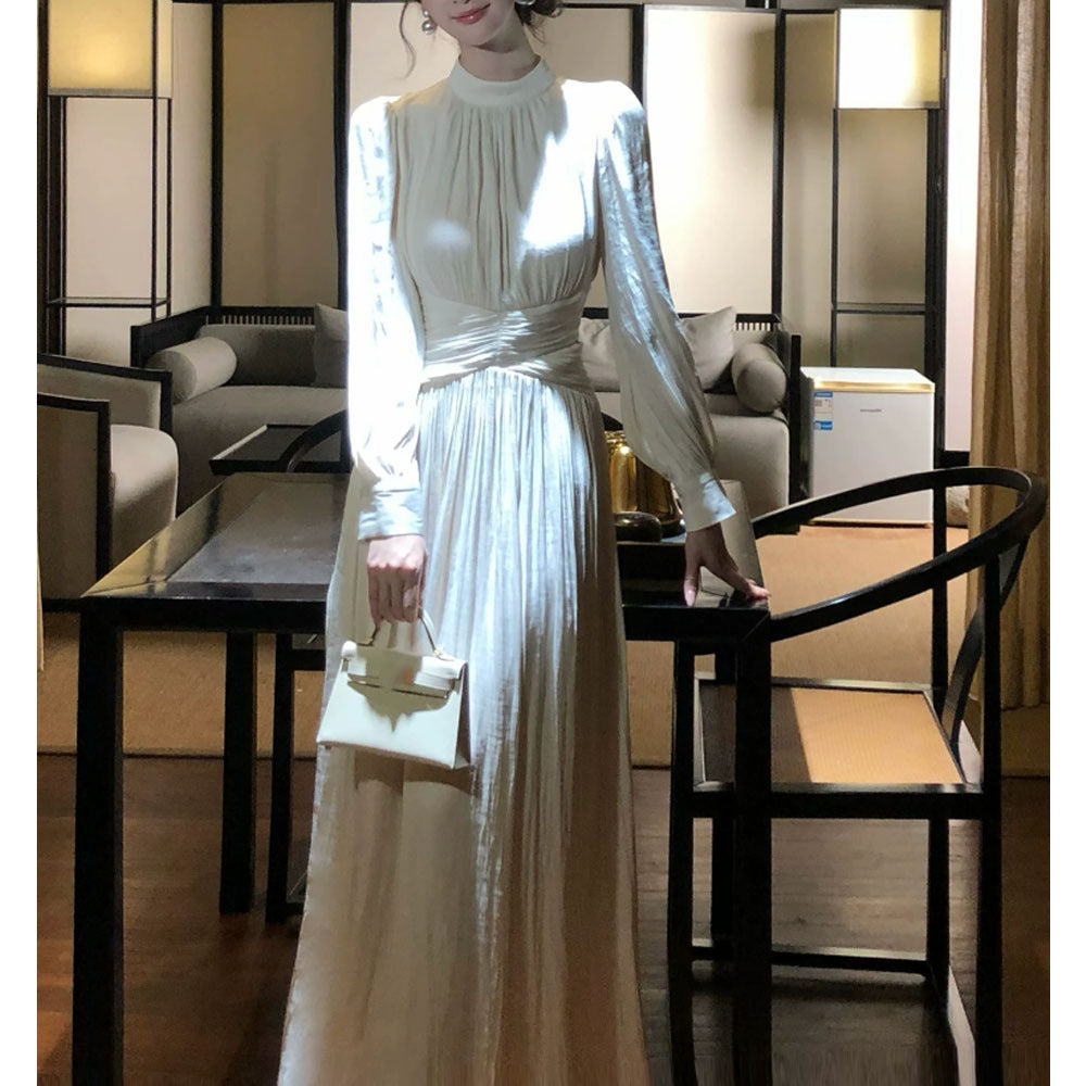 XMY01  Half Turtleneck Pleated Crossover Slimming Polyester Dress