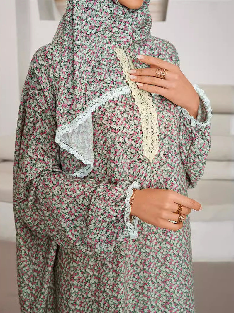 XL001  Floral Print Loose Long Sleeve Integrated Viscose Prayer Set