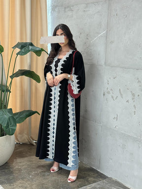 HY229 Black White Lace-Trimmed Polyester Open Abaya