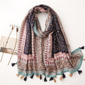 SL2202-009  Women's Ethnic Cotton Linen Feel Scarf with Wheat Ears Tassels