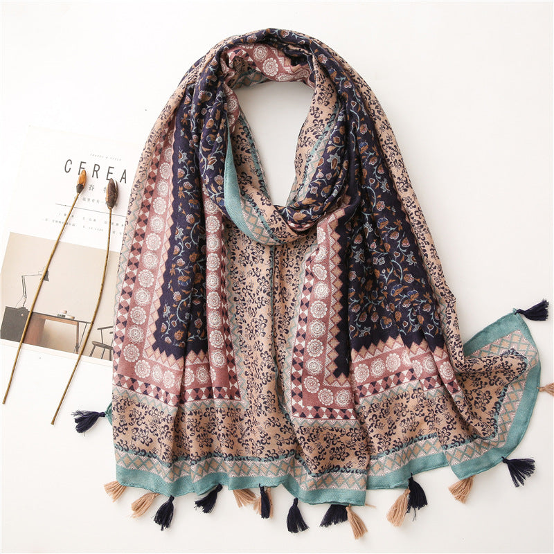 SL2202-009  Women's Ethnic Cotton Linen Feel Scarf with Wheat Ears Tassels