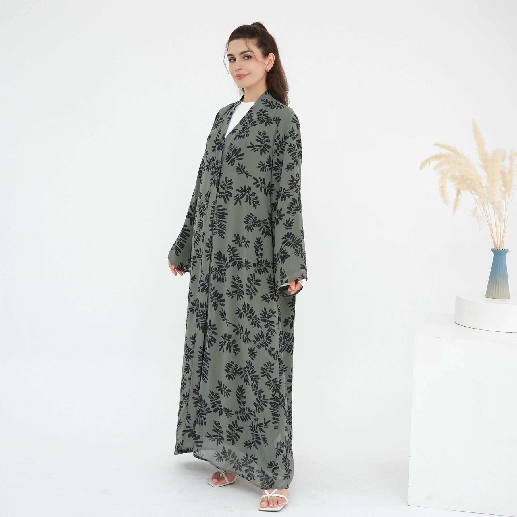 LR1067  Printed Chiffon Lined Open Abaya + Hijab Set