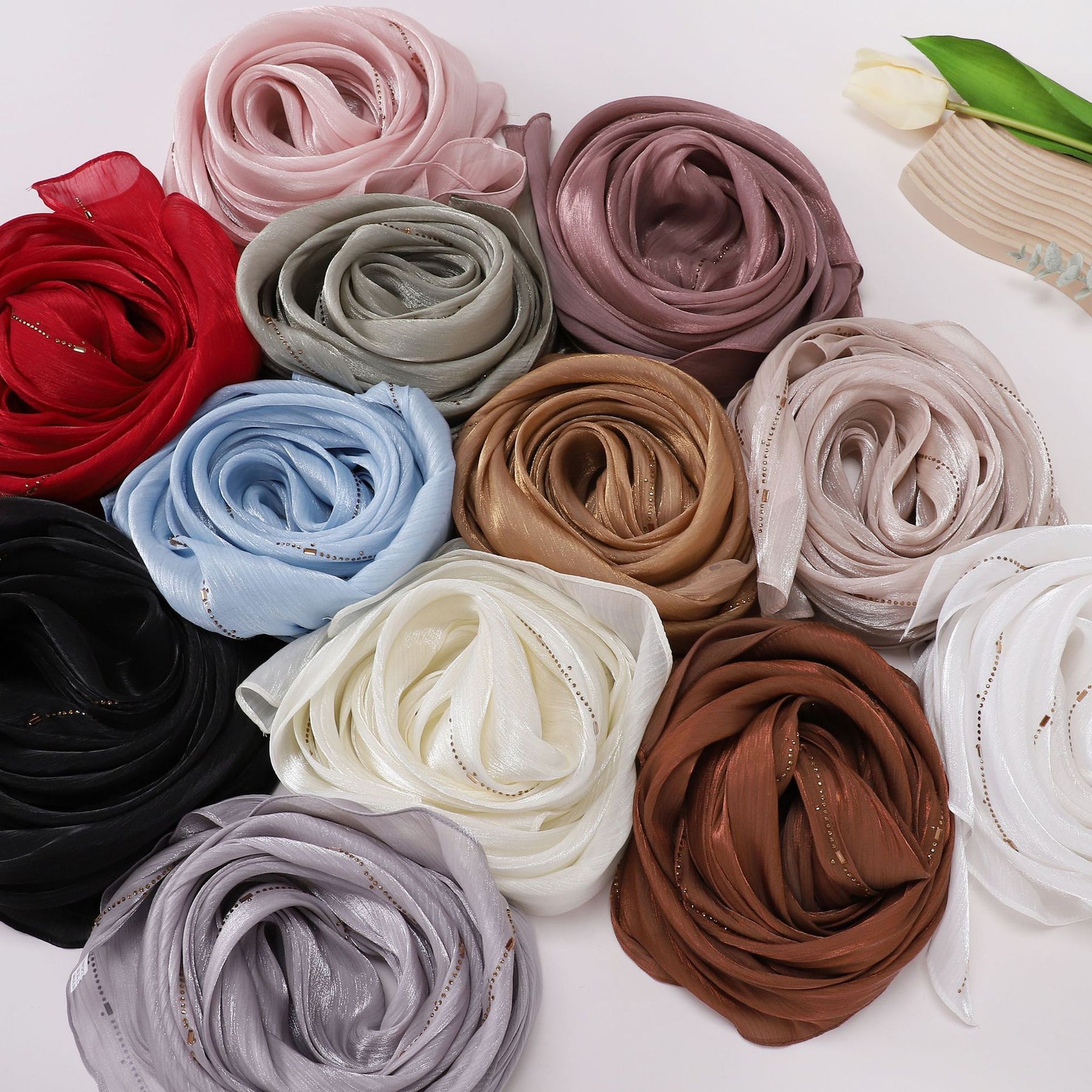 W-0513  Sea Island Silk Bright Silk Hijab with Rhinestone Lines