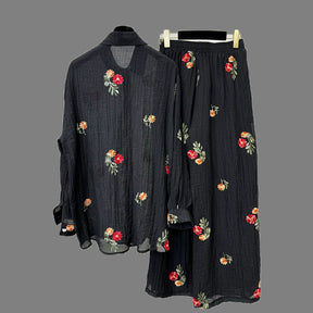 YZJ001  Spring Cotton Linen Embroidered Flower Shirt & Pants Set