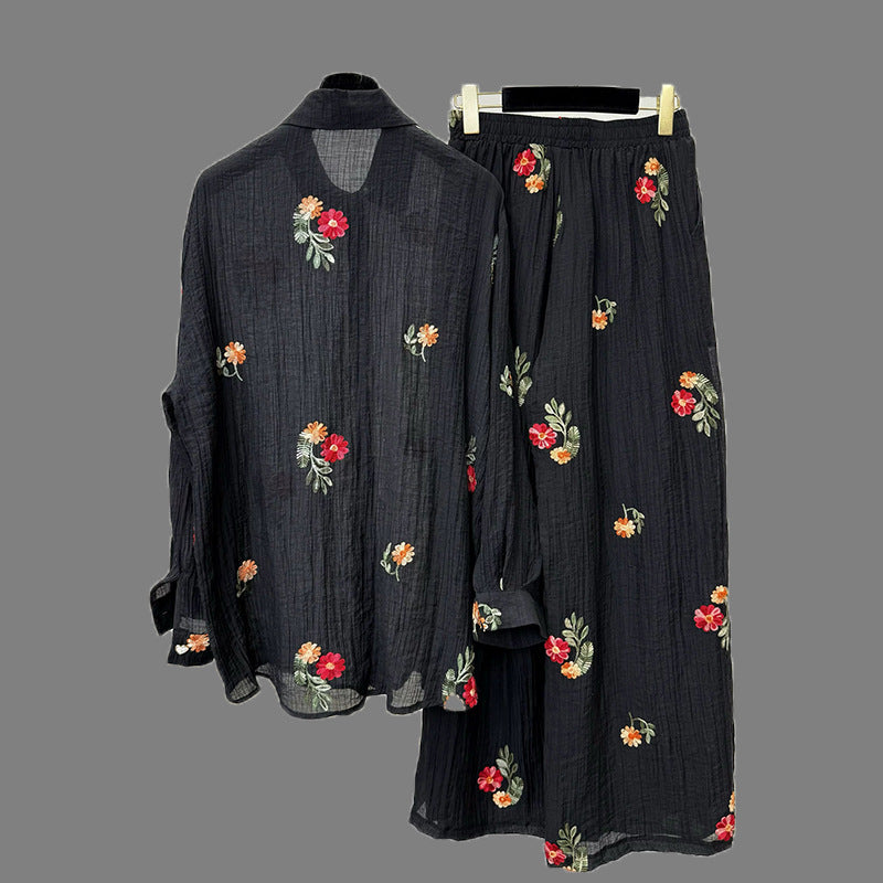 YZJ001  Spring Cotton Linen Embroidered Flower Shirt & Pants Set