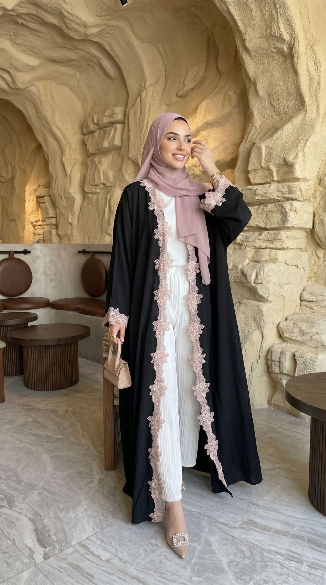 HBWT  Plain Lace Polyester Cardigan + Hijab Set