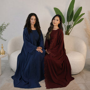 LR1191  Plain Nida Gold Foil Lace Open Abaya + Inner Layer + Hijab Set