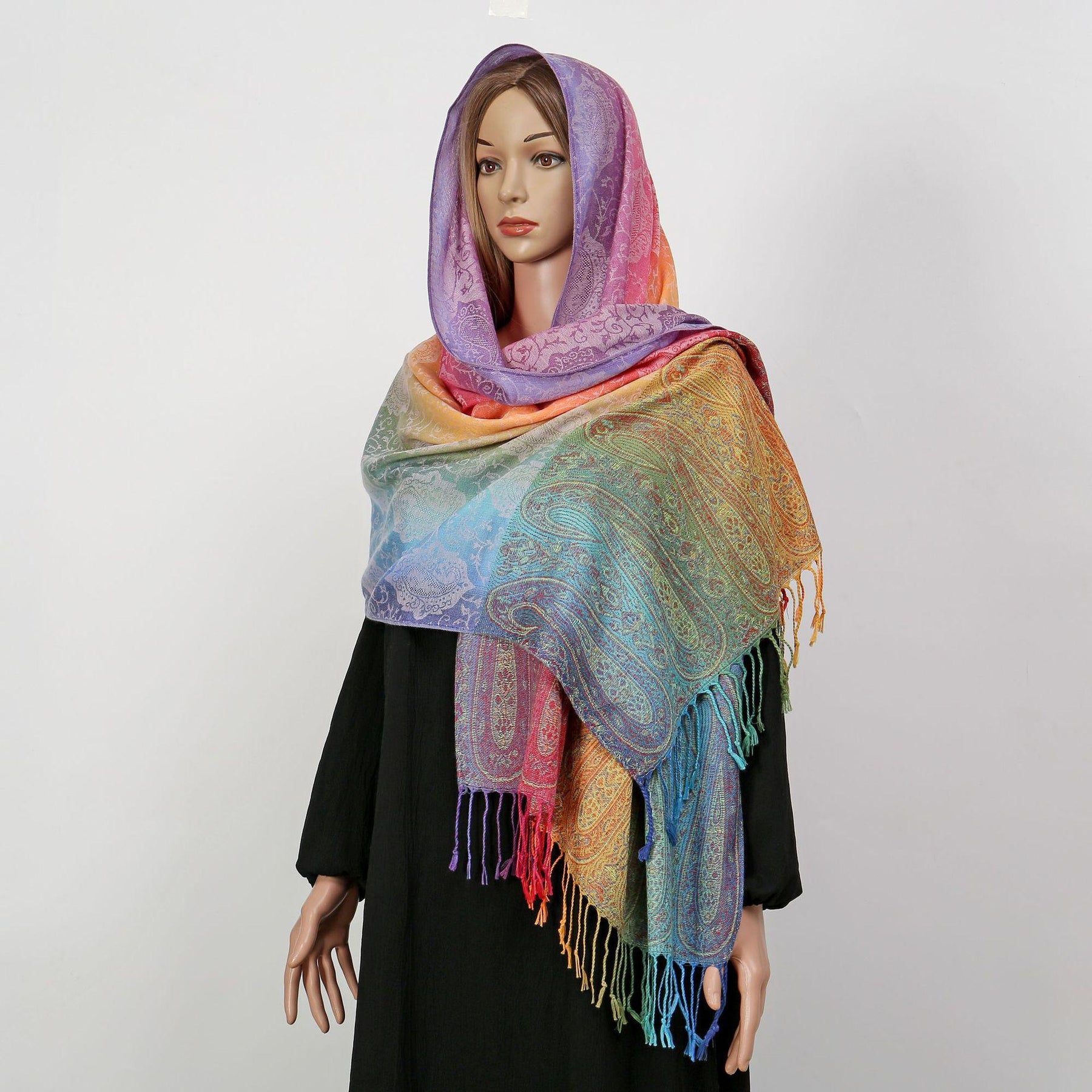 YF0438  Colorful Jacquard Soft Polyester Tassel Long Scarf