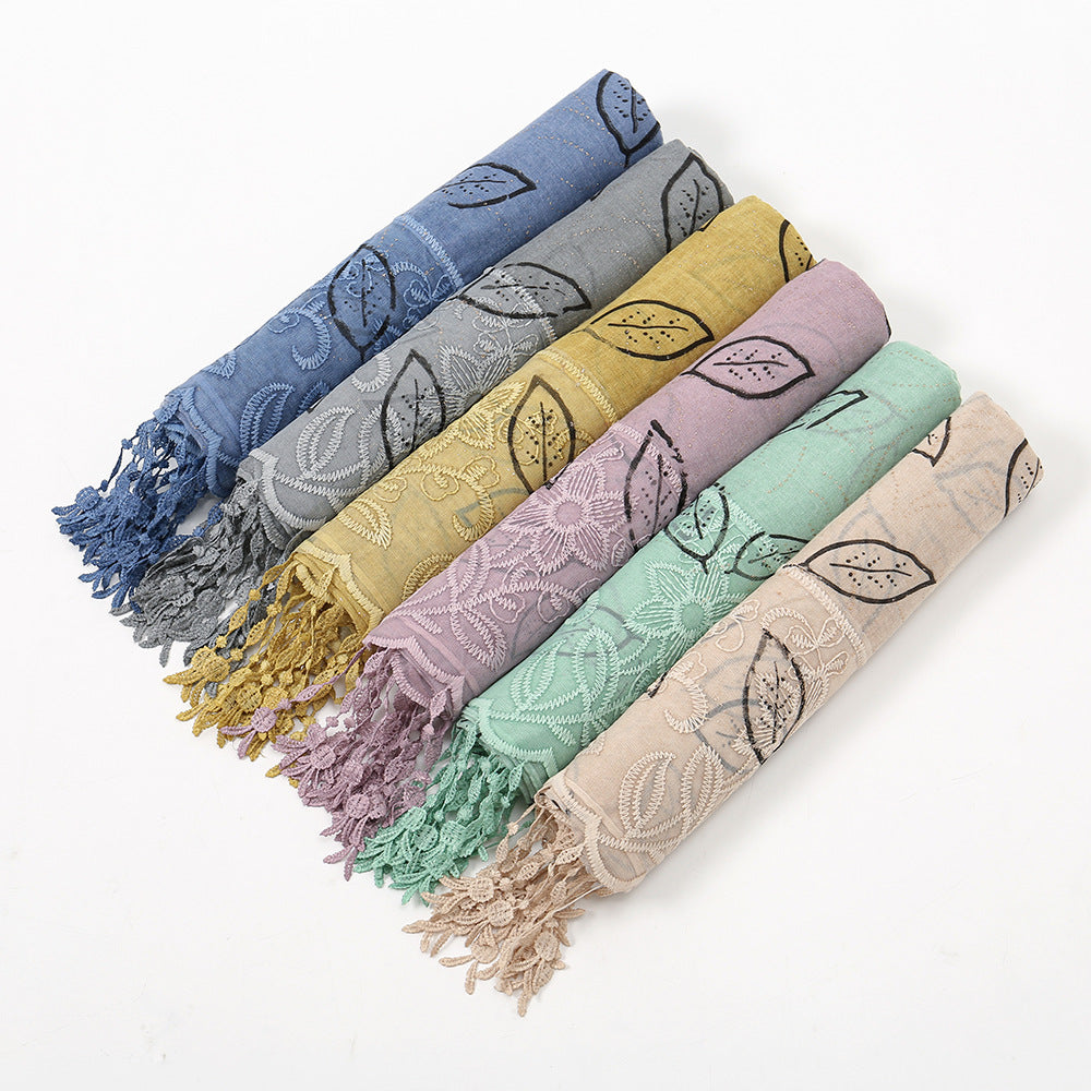 VS571 hot stamping dimond cotton leaf printed embroidery tassel hijab scarf