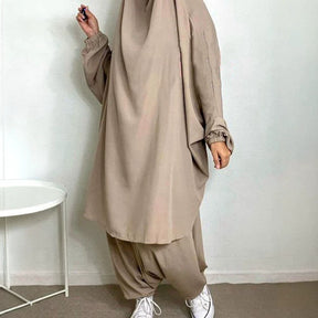 P103  Plain 2-Piece Loose Long Sleeve Top Hijab and Tied Pants Set