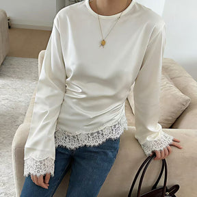 B3788  Round Neck Plain Long Sleeve Irregular Hem Lace Trim Base Layer Top