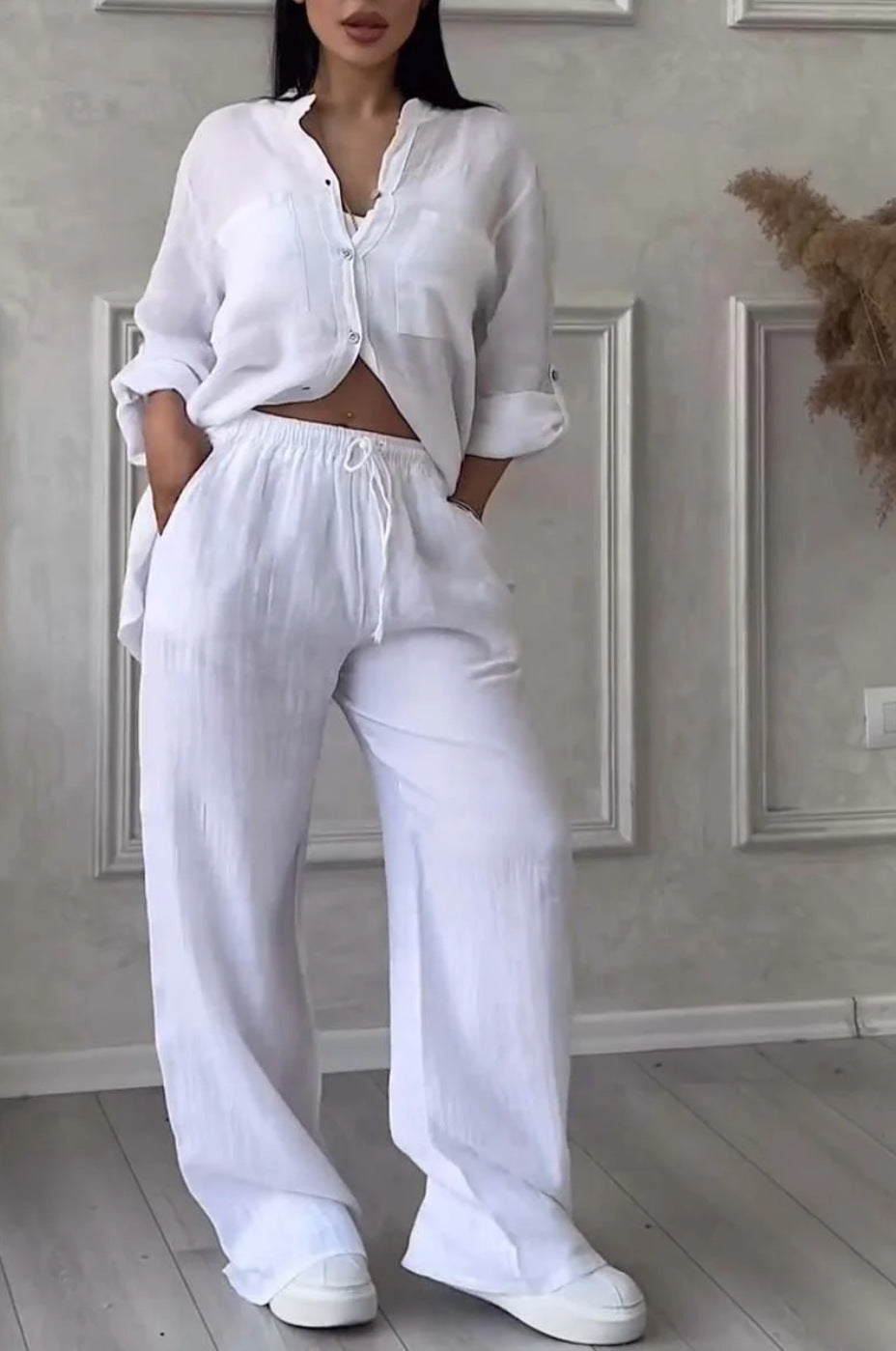 6670  Women's Plain Single-Breasted Long Sleeve Shirt & Tie Waist Pants Set