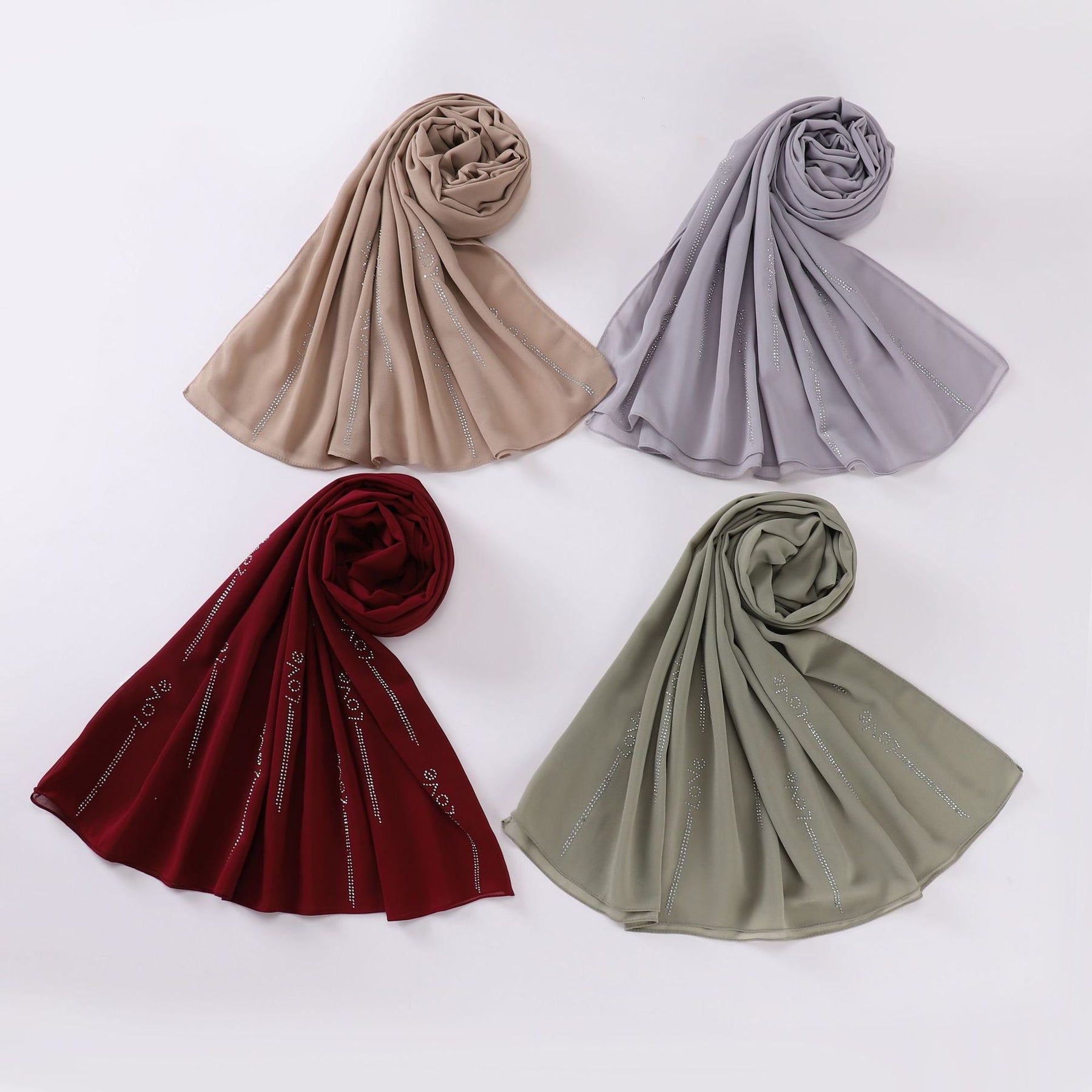 W-0006 plain pearl chiffon LOVE hot stamping dimond hijab scarf