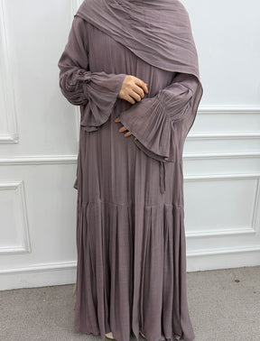 LR1139  Pleated cardigan with lining + hijab 2-piece set