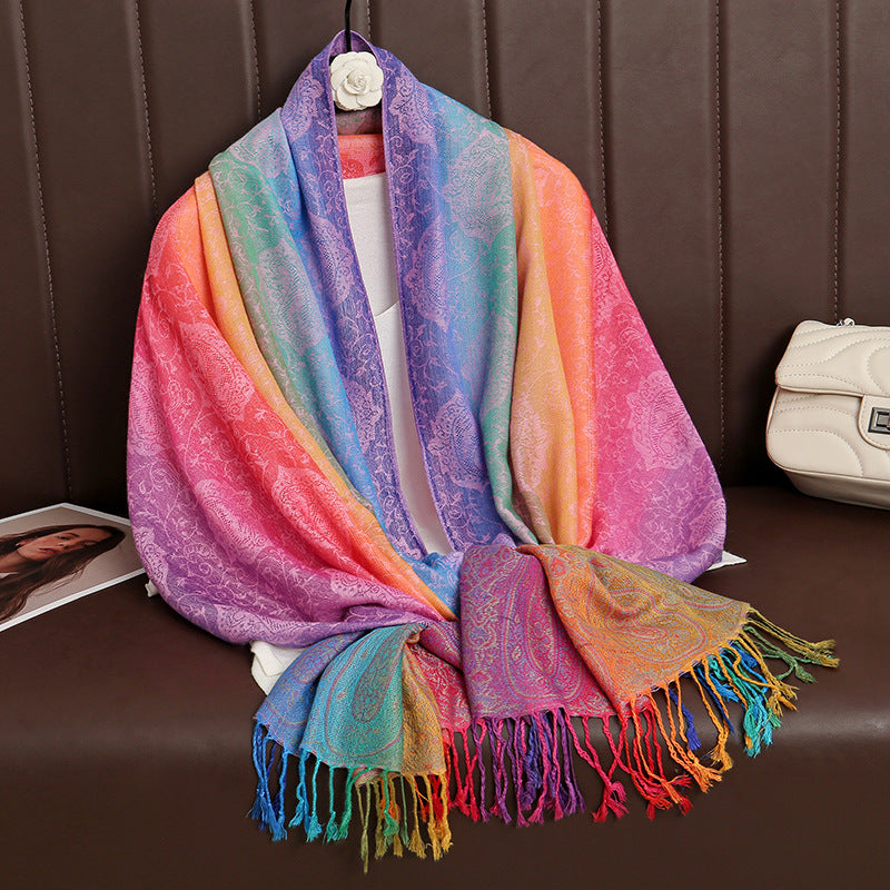 T318-01  Paisley Embroidered Ombre Tassel Polyester Cotton Scarf