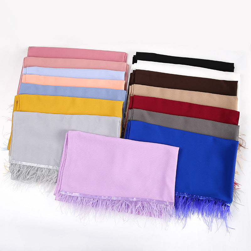 W-0118 plain pearl chiffon Ostrich feather hijab scarf