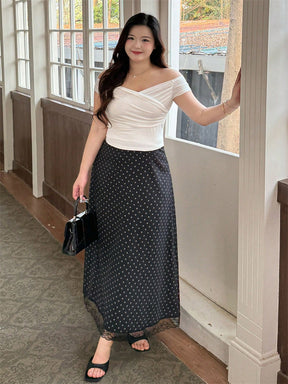 DM3351  Elastic-Waist Diamond Pattern Polyester Lace-Trim Maxi Skirt
