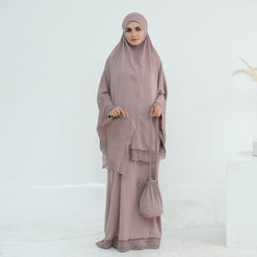 LR957  4-Piece Prayer Mat Storage Bag Lace Hijab & Skirt Set