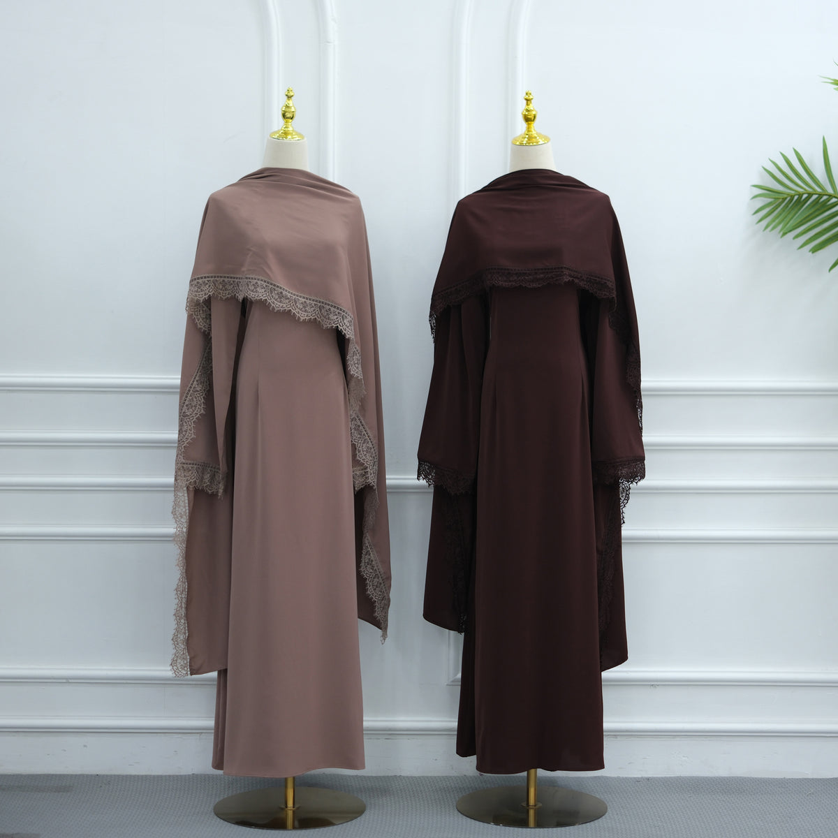 LR1363  Elegant Long Sleeve Nida Lace Dress with Hijab 2-Piece Set