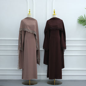 LR1363  Elegant Long Sleeve Nida Lace Dress with Hijab 2-Piece Set