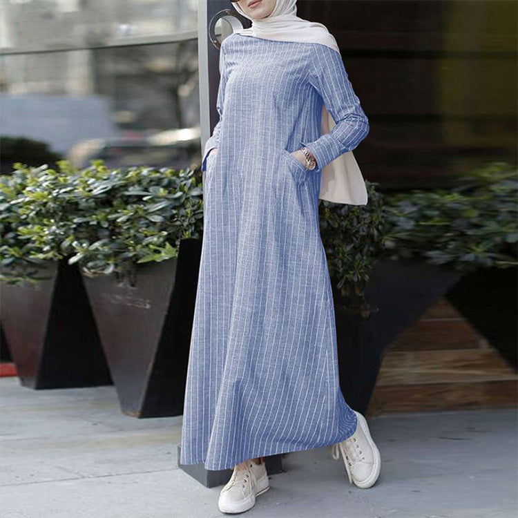 2020915  Women's Retro Stripe Cotton Linen A-Line Dress for Autumn