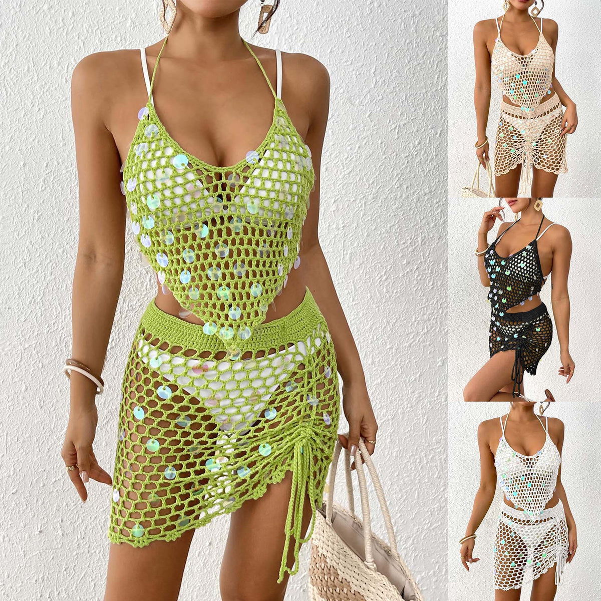 Z889  Sequined stitching pure hand-crocheted two-piece cardigan