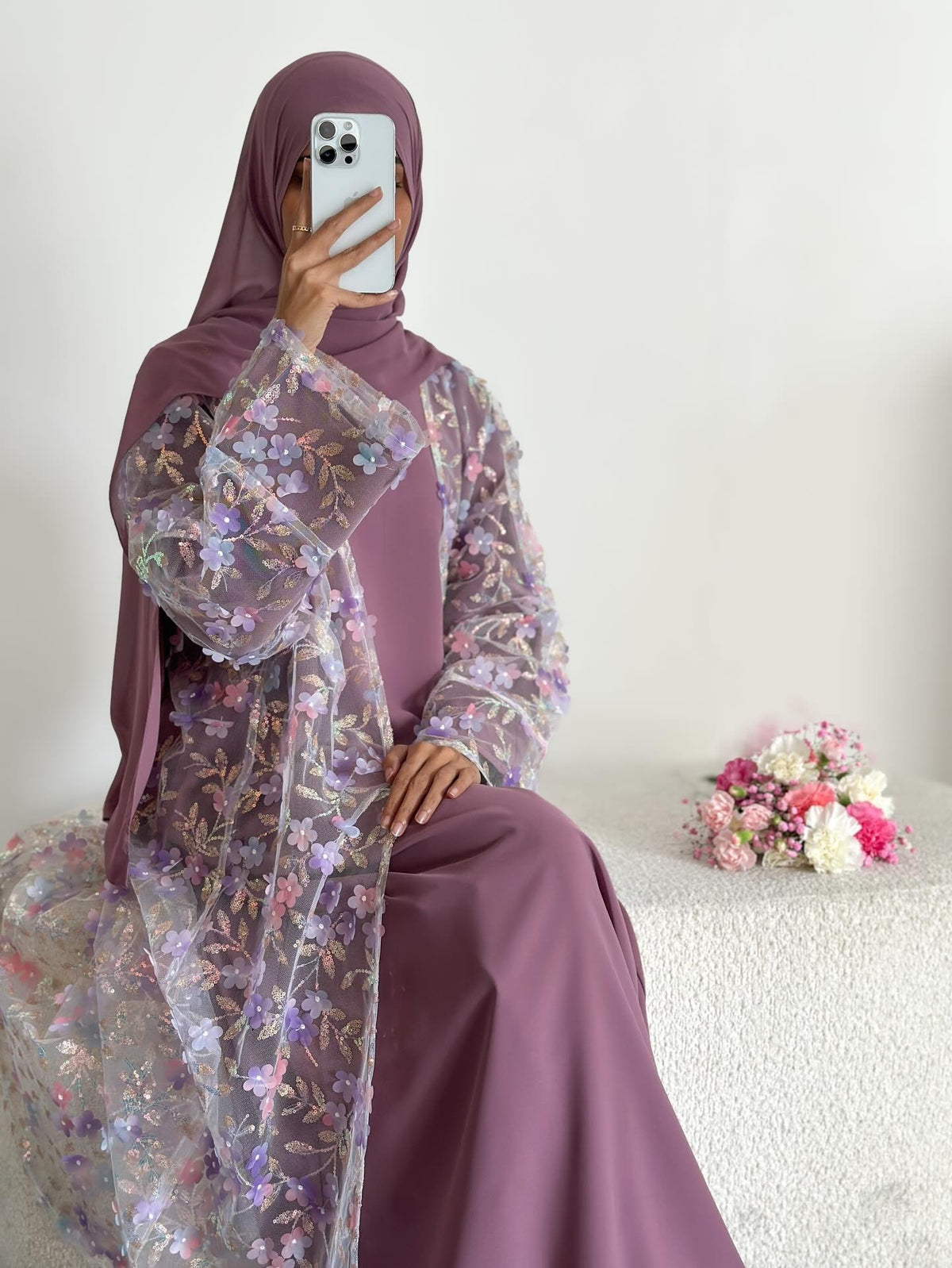 LR1189  3D Floral Open Abaya + Nida Inner Layer + Hijab Set