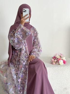 LR1189  3D Floral Open Abaya + Nida Inner Layer + Hijab Set
