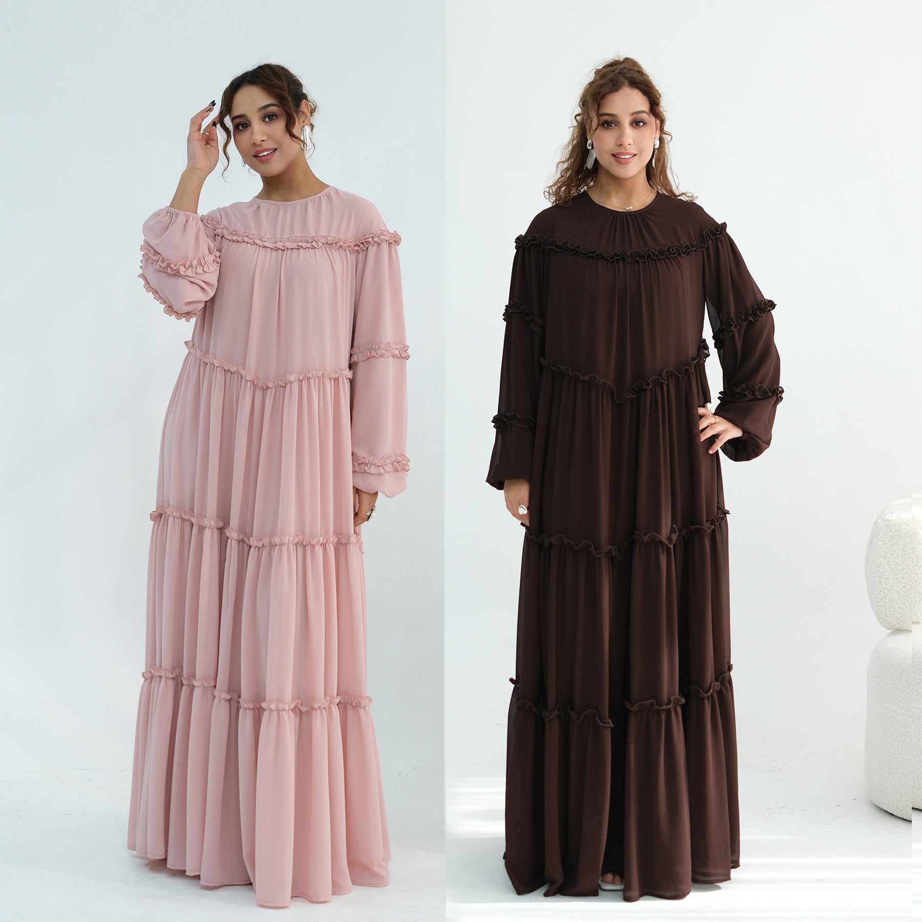 LR1161  Long Sleeve Tiered Ruffle Double Layer Dress