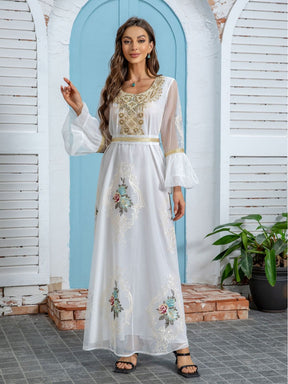 ZD020   Middle East new women's Muslim robe Dubai temperament evening dress applique embroidery mesh dress Polyester