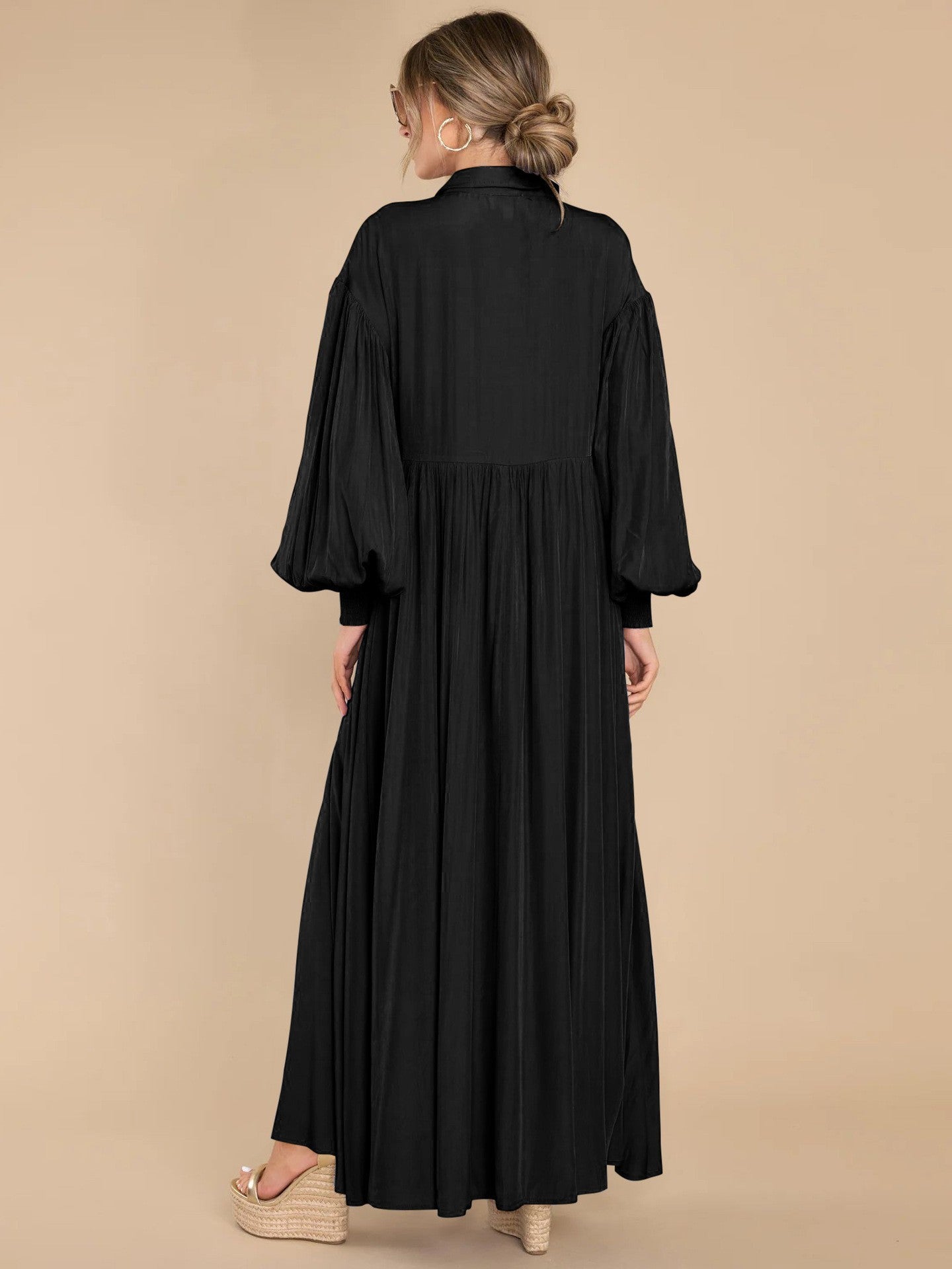 7826  Women's Casual Plain Button Lapel Pleated Long Sleeve Maxi Dress