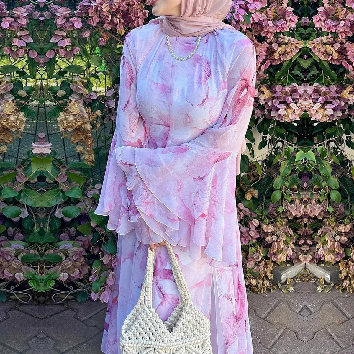 LR1338  Printed Double-Layer Chiffon Flare Sleeve Dress